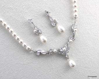 Pearl Bridal Jewelry Set Necklace and Earrings, Cubic Zirconia Silver, Luisa