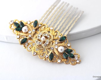 Emerald Crystal Bridal Hair Comb, Gold Wedding Accessories, Flower and Leaf Headpiece, Roselani