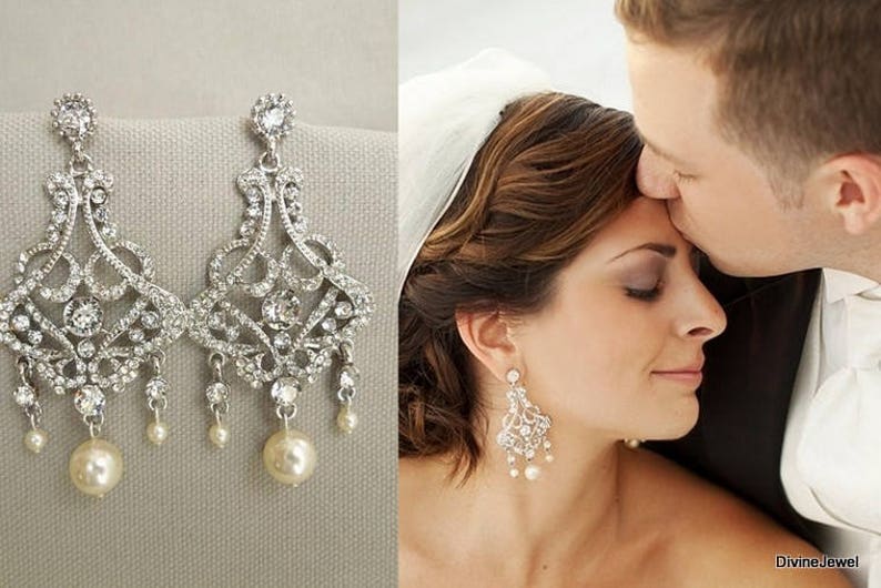 Bridal pearl Earrings, Wedding Rhinestone Earrings, bridal earrings Chandeliers, pearl earrings, rhinestone earrings, vintage style, ALEXA image 2