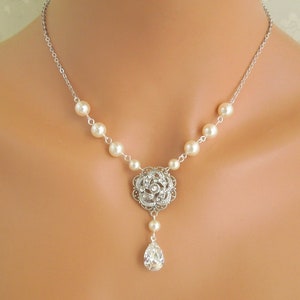 bridal necklace, wedding rhinestone necklace, pearl bridal necklace, pearl necklace, rhinestone necklace, statement necklace, ROSELANI image 1