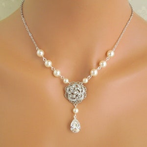 Bridal Pearl Necklace: Rhinestone Rose, Teardrop Crystal Wedding Jewelry, ROSELANI