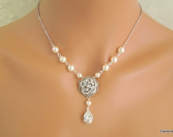 bridal necklace, wedding rhinestone necklace, pearl bridal necklace, pearl necklace, rhinestone necklace, statement necklace, ROSELANI