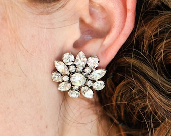 Bridal Crystal Stud Earrings: Rhinestone Flower, Silver, Gold, Rose Gold, Clip on, SAVANNAH