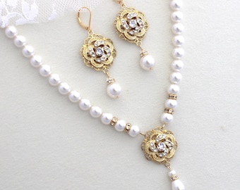 Pearl Bridal Jewelry Set, Gold Necklace and Earrings, Crystal and Pearl Jewelry, Roselani