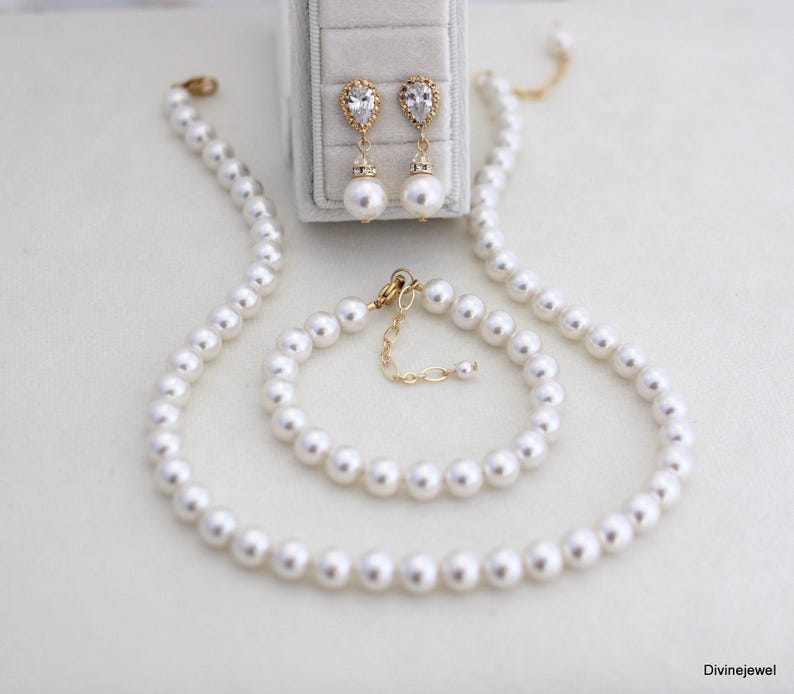 Braut Schmuck-Set, Perlenkette Braut, Brautjungfer Schmuck-Set, Perlen-Set Hochzeit, Hochzeit Schmuck-Set, klassisches Schmuck-Set, Maudrey Bild 6