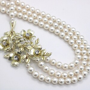 Vintage Gold Pearl Flower Necklace: Rhinestone Brooch, 1950s Coro, ELISE