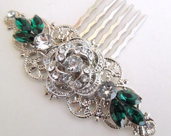 green Crystal bridal hair comb, Wedding Hair Accessories, hair comb Vintage, green hair comb, flower and Leaf Rhinestone Hair Comb, ROSELANI