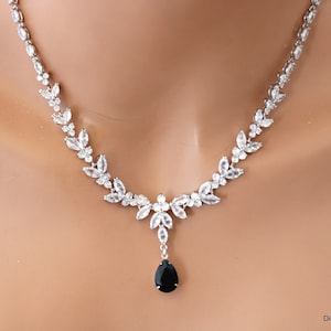 Black CZ Teardrop necklace Bridal Jewelry Statement necklace Cubic Zirconia Black Teardrop necklace black necklace vintage style LORNA