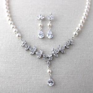 Pearl Bridal Necklace Set: Cubic Zirconia Wedding Jewelry, Silver Earrings and Backdrop Option, HOPE image 8