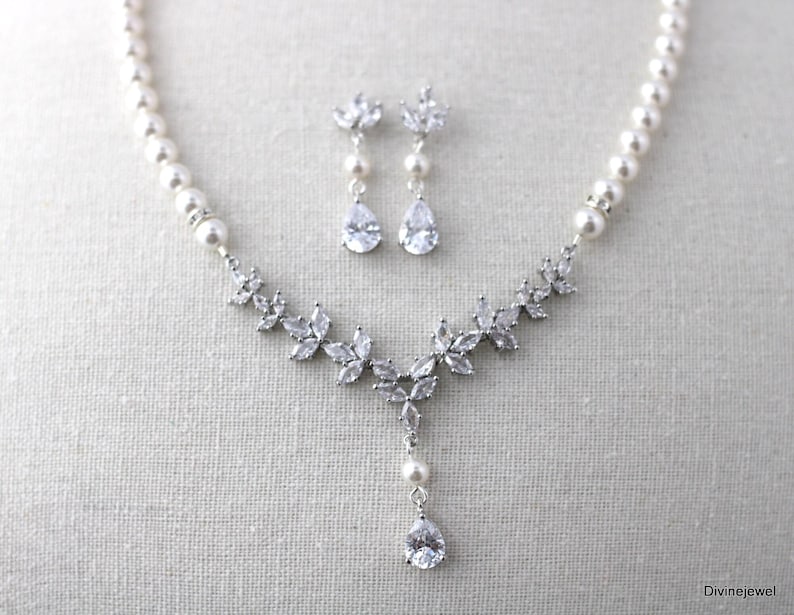 Pearl Bridal Necklace Set: Cubic Zirconia Wedding Jewelry, Silver Earrings and Backdrop Option, HOPE image 8