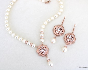Rose Gold Braut Halskette Set, Hochzeit Perle Tropfen Ohrringe, Blumen Design, Roselani