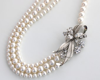 bridal necklace, pearl bridal necklace, Wedding Rhinestone necklace, pearl necklace wedding, pearl necklace, Statement necklace, bow, JOLIE