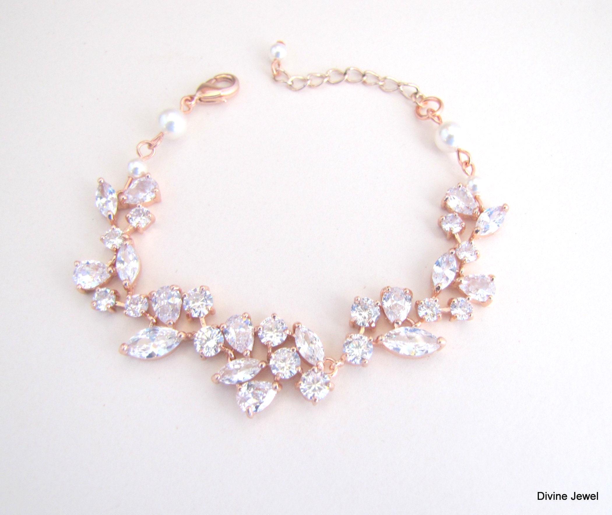Rose Gold Leaf Bridal Bracelet, Cubic Zirconia Wedding Jewelry Accessory, Swarovski Pearls, Rachael