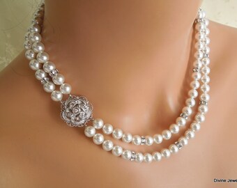 bridal pearl necklace, Wedding Rhinestone necklace, bridal pearl jewelry, bridal crystal and pearl necklace, Statement necklace, ROSELANI