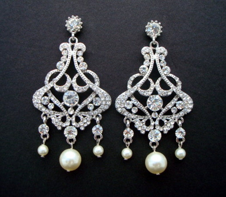 Bridal pearl Earrings, Wedding Rhinestone Earrings, bridal earrings Chandeliers, pearl earrings, rhinestone earrings, vintage style, ALEXA image 6