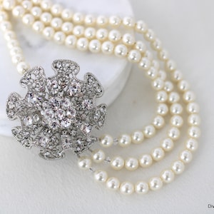 Statement Pearl Bridal Necklace: Vintage Rhinestone Wedding Jewelry, Flora