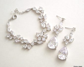 Bridal Jewelry Set, Cubic Zirconia Bracelet, Leaf Dangle Earrings, Crystal Bracelet, Vintage Style Silver Wedding, Rachael