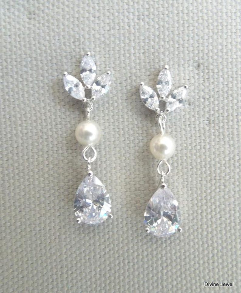 Pearl Bridal Necklace Set: Cubic Zirconia Wedding Jewelry, Silver Earrings and Backdrop Option, HOPE image 5