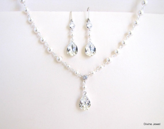 Bridal Pearl Necklace Set, Crystal Teardrop Earrings Option, Layla