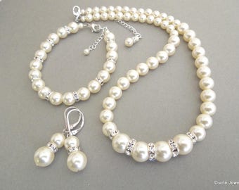 Pearl Bridal Jewelry Set, Swarovski Pearls Necklace and Earrings, Bracelet for Bride, Silver, Kristen