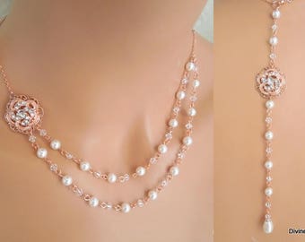 rose gold Pearl Bridal Necklace, wedding rhinestone Necklace, wedding necklace backdrop, pearl necklace, rhinestone Necklace,  ROSELANI