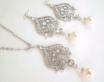 Bridal Necklace Set, Pearl and Crystal Chandelier Earrings, Art Deco Jewelry, STELLA