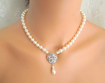 bridal pearl necklace, pearl necklace, Wedding Rhinestone necklace, wedding necklace bridal jewelry, Statement necklace, pearl, ROSELANI