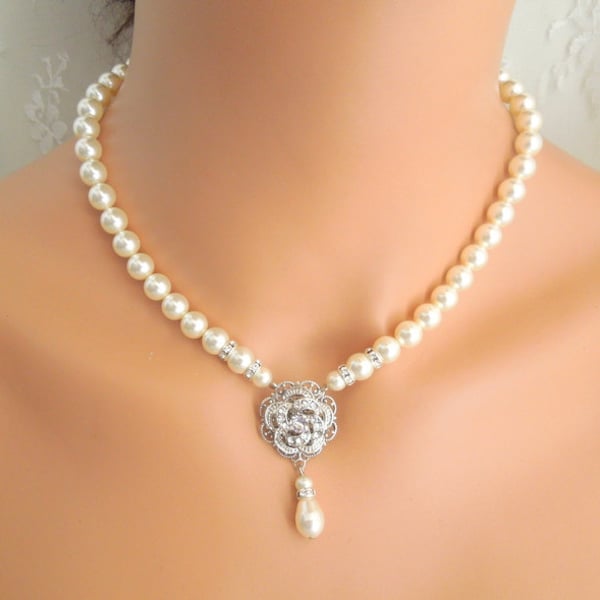 Braut Perlenkette, Perlenkette, Hochzeit Strass Kette, Perlenkette, Brautschmuck, Statement Kette, Perle, ROSELANI
