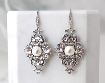 Bridal Pearl Chandelier Earrings, Vintage Style Wedding Jewelry, Claude