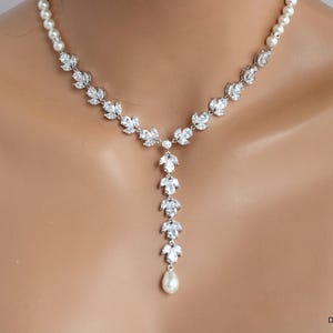 Pearl Bridal Necklace Set: Crystal Backdrop Wedding Jewelry, Leaf Design Drop Accessory, Cassy