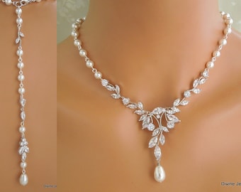 bridal jewelry set, Bridal Necklace, pearl necklace Set, backdrop Necklace, pearl jewelry, cubic zirconia set, crystal necklace set, RITA