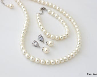 Pearl Bridal Jewelry Set, Wedding Necklace, Drop Earrings, Sterling Silver Post, Maudrey