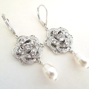 Braut Kronleuchter Ohrringe, Hochzeit Schmuck Perle Tropfen, Viktorianischen Rose Design, Silber oder Gold, ROSELANI Bild 5