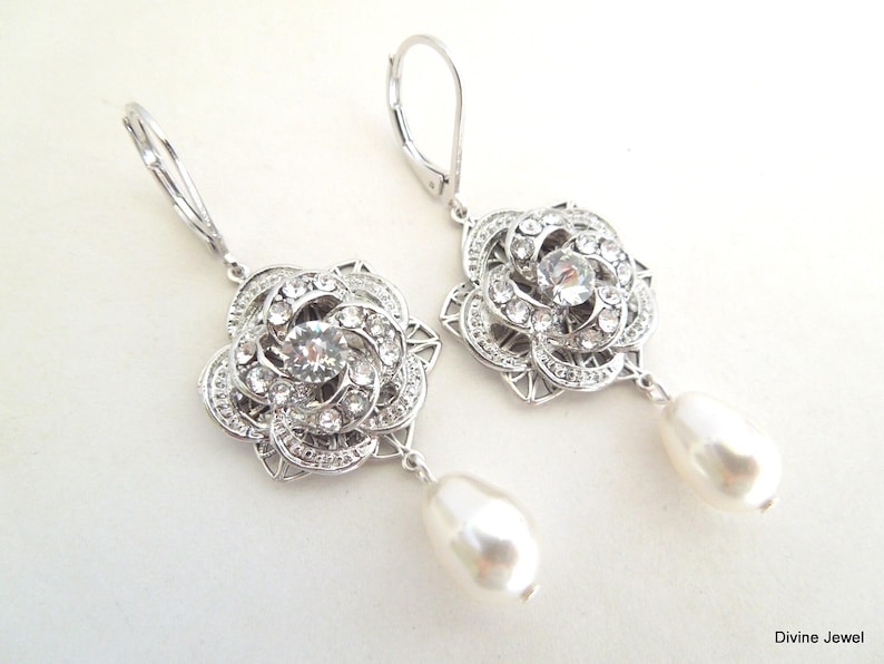 Braut Kronleuchter Ohrringe, Hochzeit Schmuck Perle Tropfen, Viktorianischen Rose Design, Silber oder Gold, ROSELANI Bild 5
