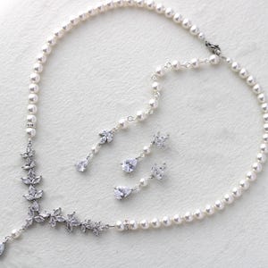 Pearl Bridal Necklace Set: Cubic Zirconia Wedding Jewelry, Silver Earrings and Backdrop Option, HOPE image 6