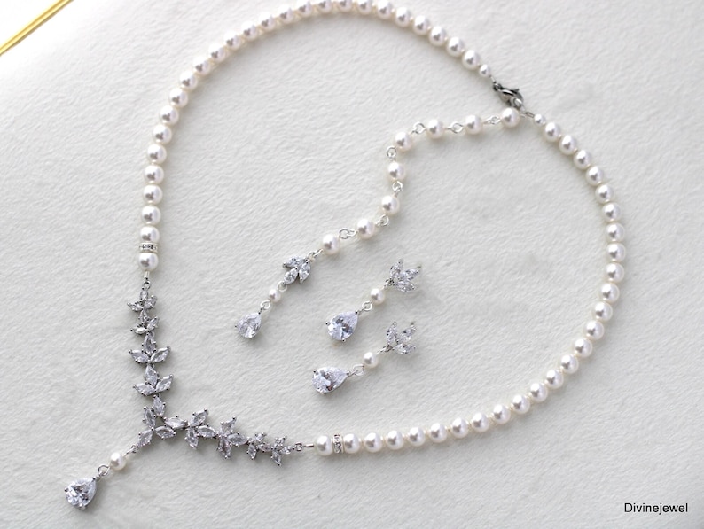 Pearl Bridal Necklace Set: Cubic Zirconia Wedding Jewelry, Silver Earrings and Backdrop Option, HOPE image 6