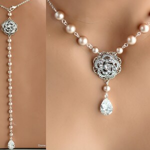bridal backdrop necklace, bridal pearl necklace, Wedding necklace, bridal jewelry, backdrop necklace, pearl necklace, pearl choker, ROSELANI image 5