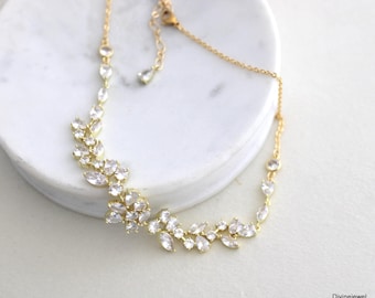 Gold crystal necklace, Wedding jewelry for bride, Cubic Zirconia Bridal Leaf Design, Rachael