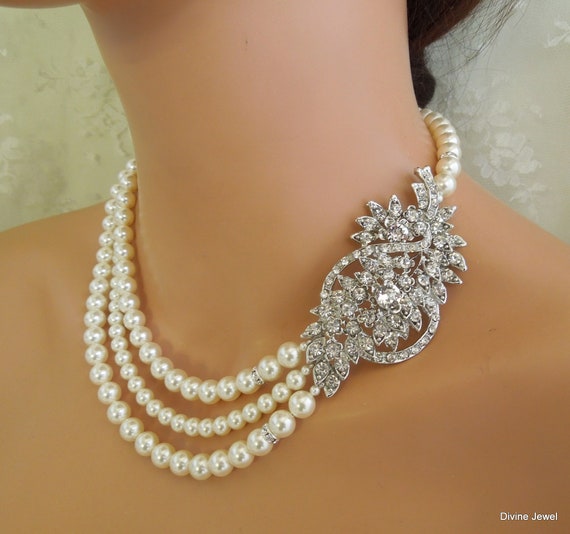 Bridal pearl necklace Wedding Rhinestone necklace wedding Etsy