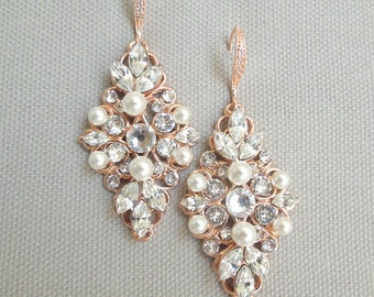 rose gold pearl earrings, wedding rhinestone earrings, bridal earrings chandelier, bridal Wedding Earrings, bridal pearl jewelry, KITTY