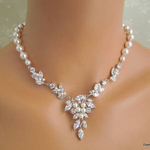 Pearl Bridal Jewelry Set: Crystal Backdrop Necklace, Earrings, Leaf Motif, Rita