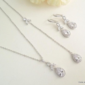 CZ Bridal Jewelry Set: Teardrop Necklace and Earrings, Vintage Style