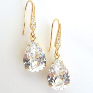 Bridal Teardrop Earrings: Gold Crystal Rhinestone Dangle, ARIA