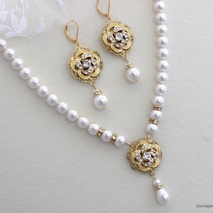 Gold Bridal Pearl Jewelry Set: Crystal Rose Necklace and Earrings, Roselani