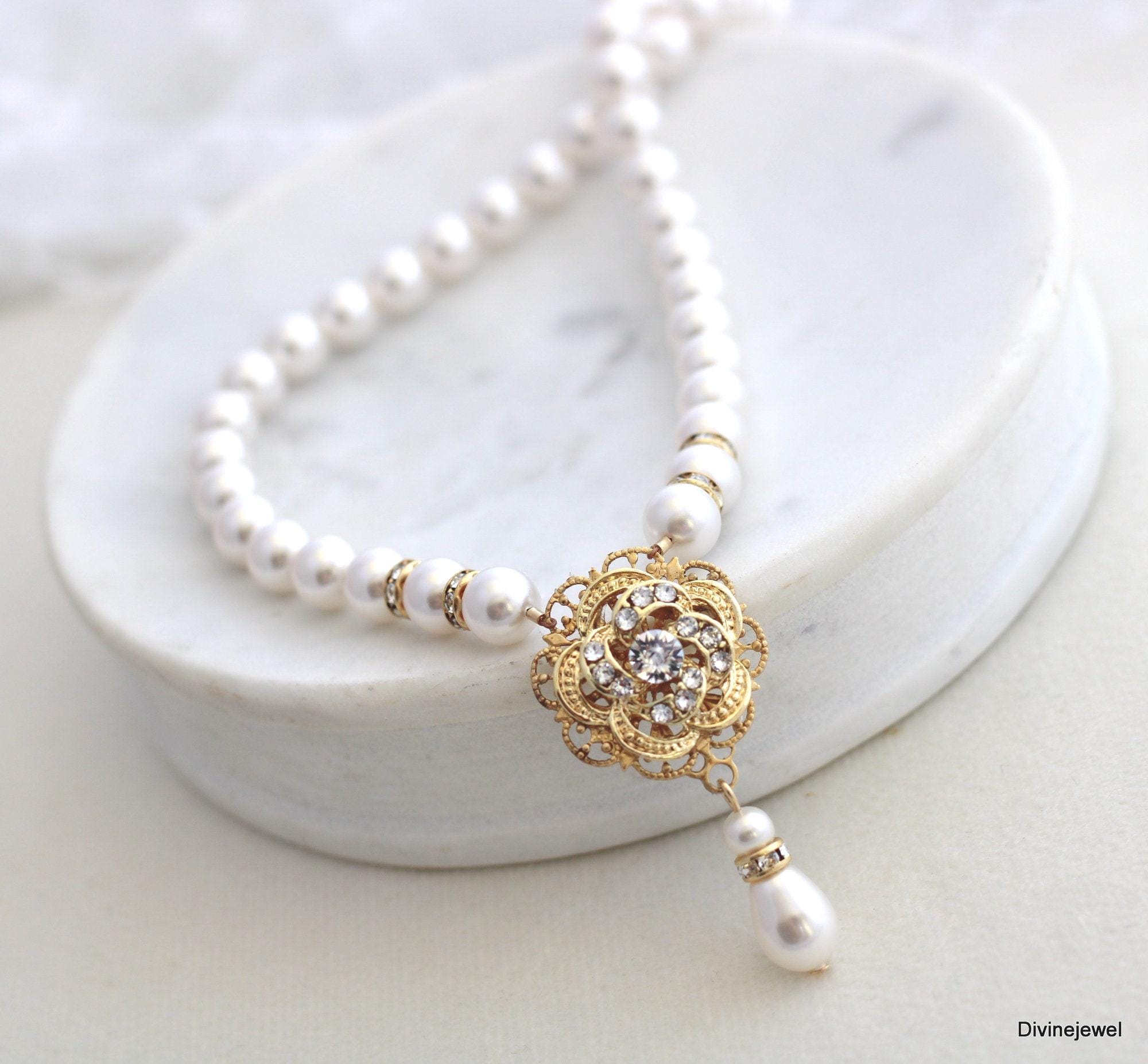 Set Gioielli Sposa Con Perle: Collana E Orecchini A Cerchio In Cristallo, Autiga, Argento
