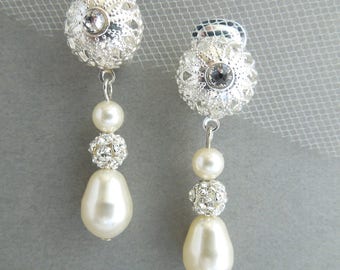 clip on bridal earrings, bridal pearl earrings, wedding rhinestone earrings, bridal earrings chandelier, rhinestone earrings, pearl, PAM