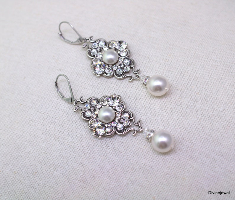 Pearl Bridal Earrings, wedding Rhinestone Earrings, Bridal Earrings chandelier, pearl earrings, Rhinestone Earrings, bridal jewelry, CLAUDE image 2