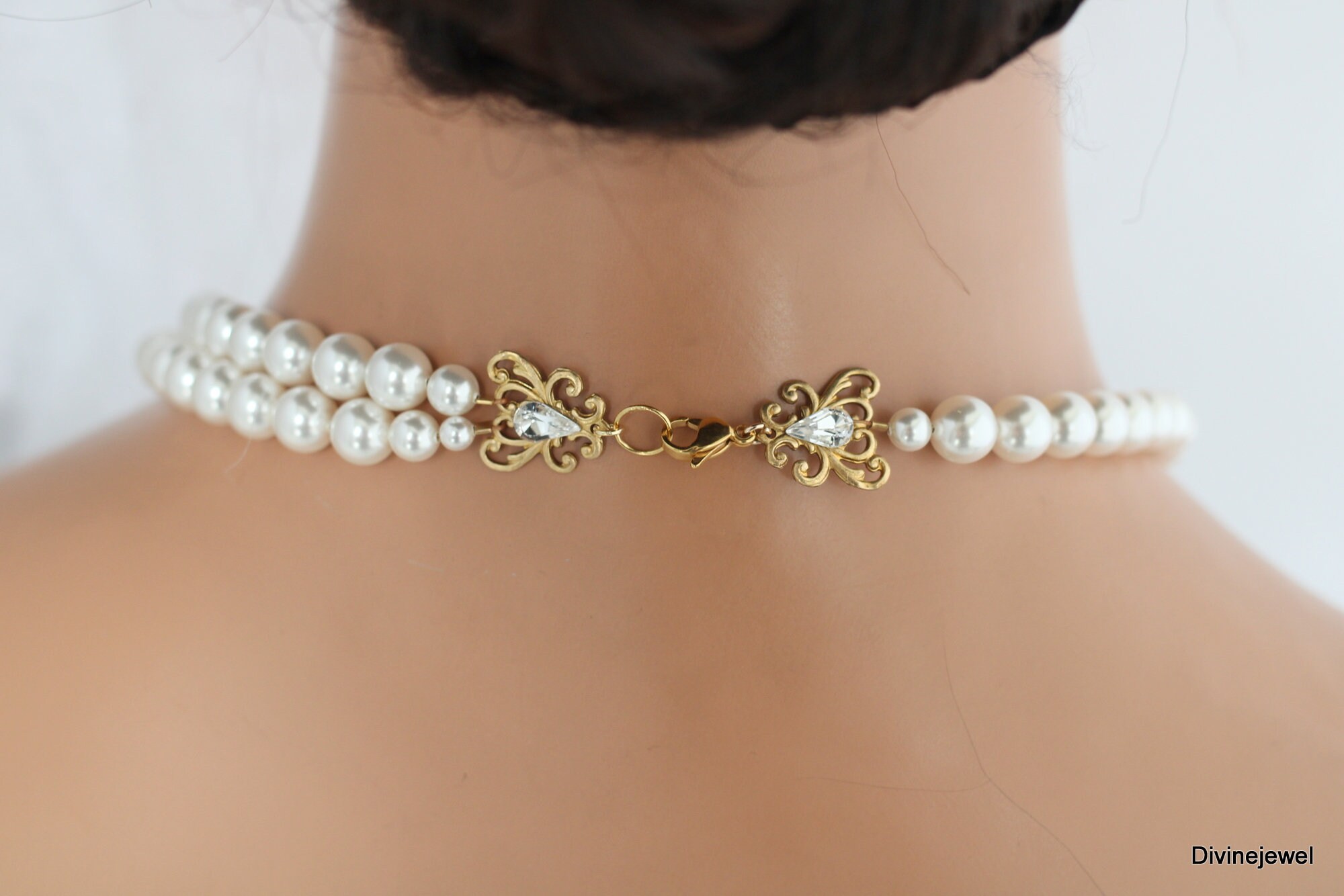 COOLSTEELANDBEYOND Lunga Bianco Perla Statement Collana Perline Catena, Chiusura Toggle, Abito da Sera Nozze Nuziali Banchetti Festa