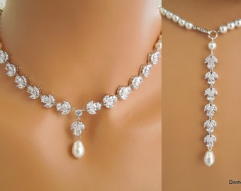 Bridal Jewelry Set, Pearl and Crystal Vine Necklace, Cubic Zirconia Backdrop & Earrings Option, Pearl Necklace, CASSY