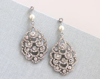 Art Deco Bridal Earrings, Pearl Chandelier Wedding Jewelry, Silver Rhinestone Drop, Susane